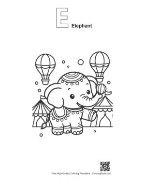 Thumbnail: Adorable Baby Elephant at a Carnival with Festive Balloons Printable Outline Alphabet E Elephant