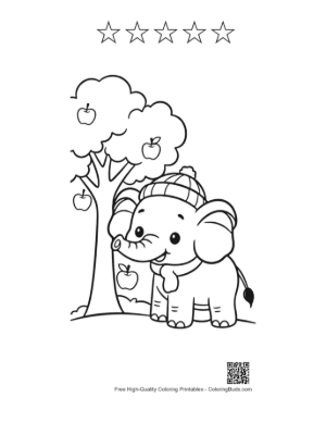 Thumbnail: Adorable Baby Elephant with a Winter Hat in an Apple Orchard Printable and 5 Star Outline