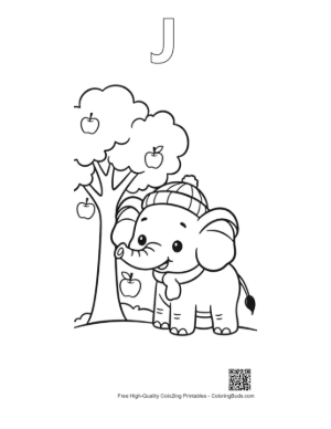Thumbnail: Adorable Baby Elephant with a Winter Hat in an Apple Orchard Printable Outline Alphabet J
