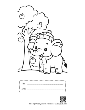 Thumbnail: Adorable Baby Elephant with a Winter Hat in an Apple Orchard Printable with Title and Artist Box