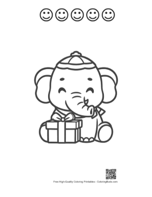 Thumbnail: Adorable Elephant Calf with a Winter Hat Holding a Present Printable and 5 Happy Face Outline