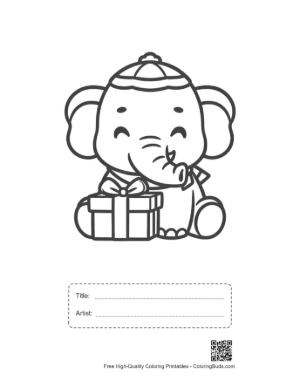 Thumbnail: Adorable Elephant Calf with a Winter Hat Holding a Present Printable with Title and Artist Box
