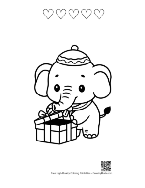 Thumbnail: Cute Baby Asian Elephant Opening a Surprise Gift Box Printable and 5 Heart Outline