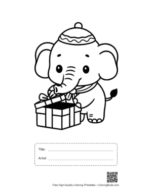 Thumbnail: Cute Baby Asian Elephant Opening a Surprise Gift Box Printable with Title and Artist Box