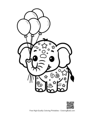 Thumbnail: Cute Baby Elephant Holding a Bunch of Balloons Printable