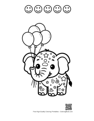 Thumbnail: Cute Baby Elephant Holding a Bunch of Balloons Printable and 5 Happy Face Outline