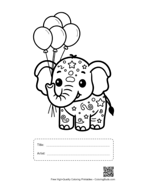 Thumbnail: Cute Baby Elephant Holding a Bunch of Balloons Printable with Title and Artist Box
