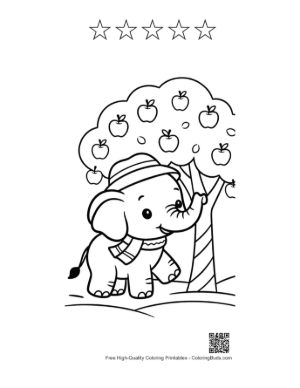Thumbnail: Cute Elephant Calf Holding an Apple Under a Fruit Tree Printable and 5 Star Outline