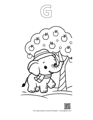 Thumbnail: Cute Elephant Calf Holding an Apple Under a Fruit Tree Printable Outline Alphabet G
