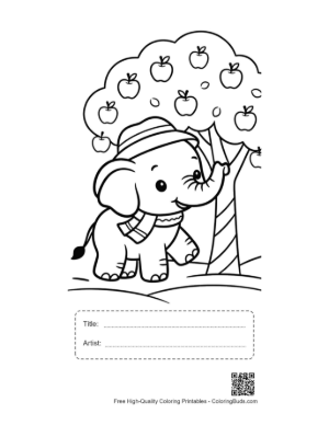 Thumbnail: Cute Elephant Calf Holding an Apple Under a Fruit Tree Printable with Title and Artist Box