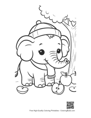 Thumbnail: Little Baby Elephant Standing Near Falling Autumn Apples Printable