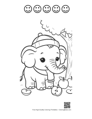 Thumbnail: Little Baby Elephant Standing Near Falling Autumn Apples Printable and 5 Happy Face Outline