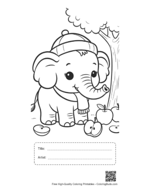 Thumbnail: Little Baby Elephant Standing Near Falling Autumn Apples Printable with Title and Artist Box
