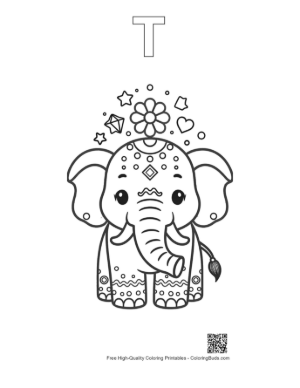 Thumbnail: Little Elephant Calf Decorated with Beautiful Floral Patterns Printable Outline Alphabet T