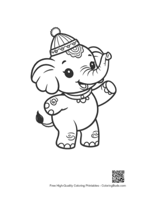 Thumbnail: Sweet Elephant Calf Wearing a Winter Hat and Waving Printable