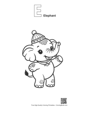Thumbnail: Sweet Elephant Calf Wearing a Winter Hat and Waving Printable Outline Alphabet E Elephant