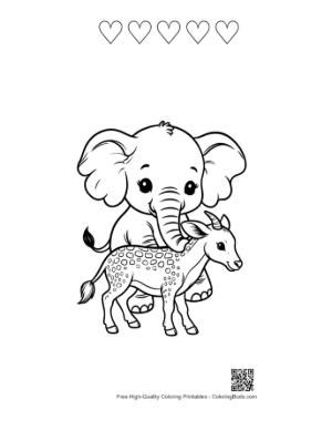 Thumbnail: Baby Elephant and Spotted Fawn Cuddling Printable and 5 Heart Outline