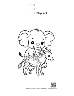 Thumbnail: Baby Elephant and Spotted Fawn Cuddling Printable Outline Alphabet E Elephant