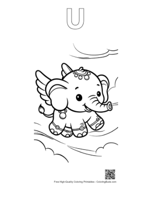 Thumbnail: Baby Elephant Calf Spraying Water from Its Trunk Printable Outline Alphabet U