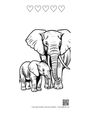 Thumbnail: Mother Elephant and Baby Calf Printable and 5 Heart Outline