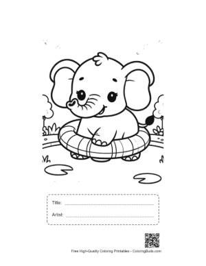 Thumbnail: Playful Baby Elephant Balancing a Ball Near a Curtain Printable with Title and Artist Box