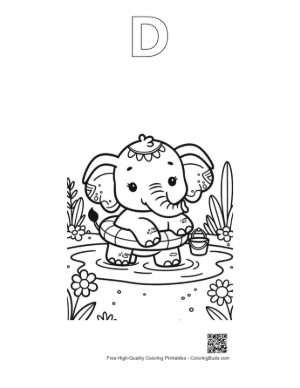 Thumbnail: Small Elephant Calf Holding a Ball with Its Trunk Printable Outline Alphabet D