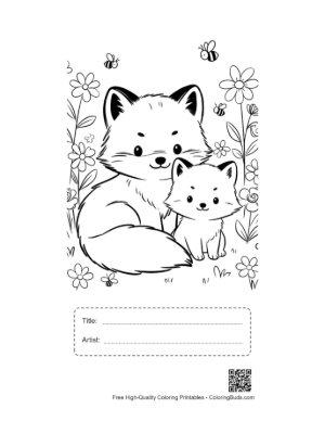 Thumbnail: Arctic Fox Sitting by a Decorated Winter Gift Box Printable with Title and Artist Box
