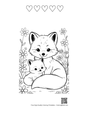 Thumbnail: Arctic Fox with a Gift Box and Snowy Mountain Background Printable and 5 Heart Outline