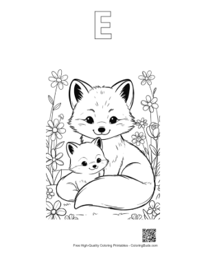 Thumbnail: Arctic Fox with a Gift Box and Snowy Mountain Background Printable Outline Alphabet E