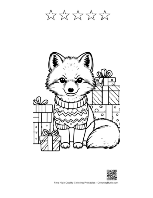 Thumbnail: Cute Arctic Fox Wearing a Warm Winter Scarf and Hat Printable and 5 Star Outline