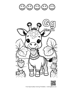 Thumbnail: Adorable Giraffe Surrounded by Ripe Strawberries Printable and 5 Happy Face Outline