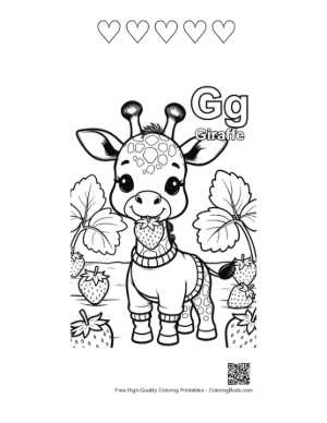Thumbnail: Adorable Giraffe Surrounded by Ripe Strawberries Printable and 5 Heart Outline