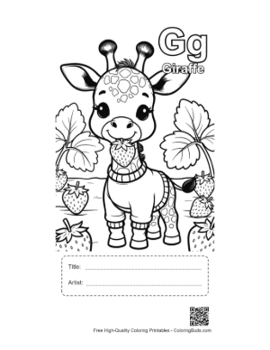 Thumbnail: Adorable Giraffe Surrounded by Ripe Strawberries Printable with Title and Artist Box