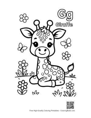 Thumbnail: Baby Giraffe Resting in a Field with Butterflies and Flowers Printable