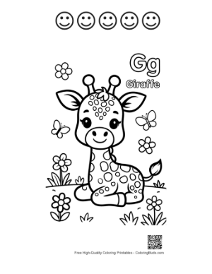 Thumbnail: Baby Giraffe Resting in a Field with Butterflies and Flowers Printable and 5 Happy Face Outline