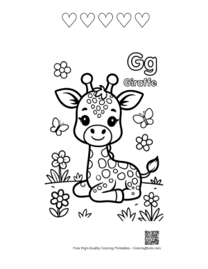 Thumbnail: Baby Giraffe Resting in a Field with Butterflies and Flowers Printable and 5 Heart Outline