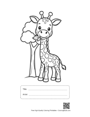 Thumbnail: Cute Baby Giraffe Sitting Peacefully in the Grass Printable with Title and Artist Box