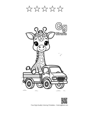 Thumbnail: Cute Giraffe Calf Behind the Wheel of a Small Car Printable and 5 Star Outline