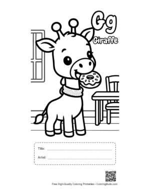 Thumbnail: Cute Giraffe Eating Leaves Coloring Page Printable with Title and Artist Box