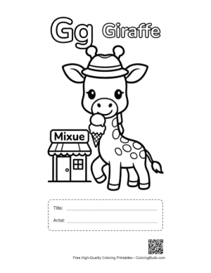 Thumbnail: Cute Giraffe Eating Leaves Printable with Title and Artist Box