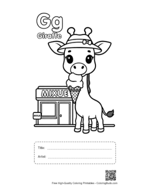 Thumbnail: Cute Giraffe Eating Leaves to Color Printable with Title and Artist Box