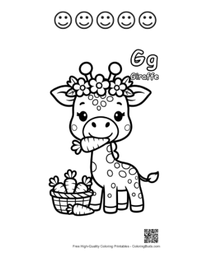 Thumbnail: Cute Giraffe with a Flower Crown Eating Carrots Printable and 5 Happy Face Outline