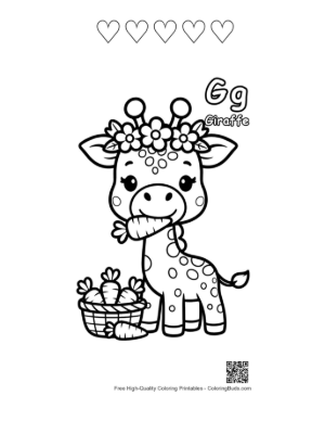 Thumbnail: Cute Giraffe with a Flower Crown Eating Carrots Printable and 5 Heart Outline