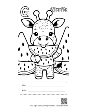 Thumbnail: Giraffe Eating Leaves Coloring Sheet Printable with Title and Artist Box
