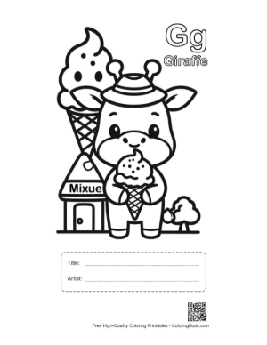 Thumbnail: Giraffe Eating Leaves Coloring Sheet Printable with Title and Artist Box