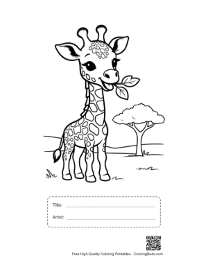 Thumbnail: Happy Baby Giraffe in a Garden of Blooming Flowers Printable with Title and Artist Box
