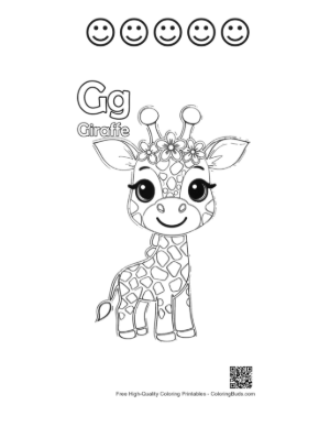 Thumbnail: Little Giraffe Calf with Balloons in a Grassy Field Printable and 5 Happy Face Outline