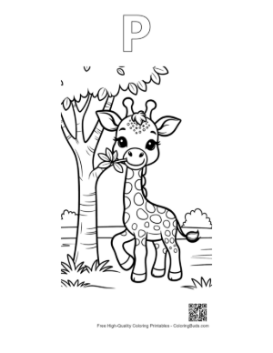 Thumbnail: Sweet Baby Giraffe Sitting Among Spring Wildflowers Printable Outline Alphabet P