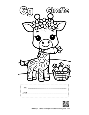 Thumbnail: Sweet Giraffe with Flowers Snacking on Carrots Printable with Title and Artist Box