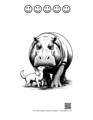 Thumbnail: Giant Hippo and Tiny Puppy in Tender Encounter Printable and 5 Happy Face Outline